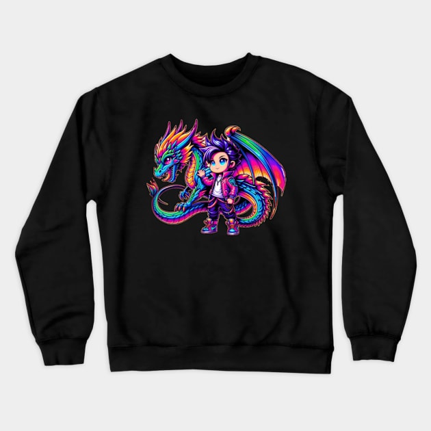 Chibi Boy Drago 80s Airbrush Neon Retro Anime Kawaii Crewneck Sweatshirt by Lavender Celeste